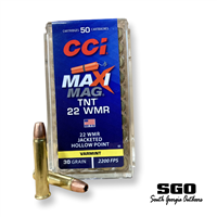 CCI 22 WMR MAXI MAG TNT 30 GR. JACKETED HOLLOW POINT 2200 FPS 50 ROUND BOX