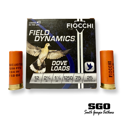 FIOCCHI FIELD DYNAMICS DOVE LOADS 12 GA. 2 3/4'' 1 1/8 OZ. 1250 FPS # 7.5 LEAD SHOT 250 ROUND CASE