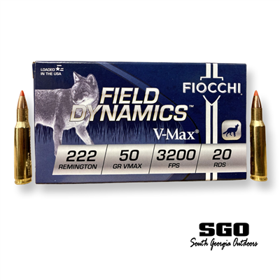 FIOCCHI FIELD DYNAMICS 222 REMINGTON 50 GR. V-MAX 3200 FPS 20 ROUND BOX