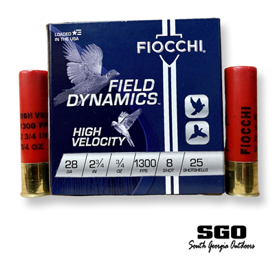 FIOCCHI FIELD DYNAMICS HIGH VELOCITY 28 GA. 2 3/4'' 3/4 OZ. 1300 FPS # 8 SHOT 250 ROUND CASE