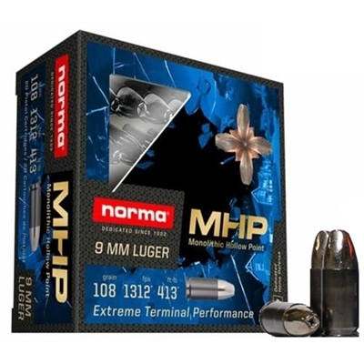 Norma 9MM LUGER 108gr MONOLITHIC HOLLOW POINT PERSONAL DEFENSE 20 ROUND BOX (BLOWOUT SALE)