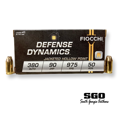 FIOCCHI DEFENSE DYNAMICS 380 AUTO ACP  90 GR JACKETED HOLLOW POINT 975 FPS 50 ROUND BOX