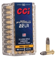 CCI SUPPRESSOR 22 LR SUBSONIC HOLLOW POINT 45 GR 50 RND BOX 970 FPS