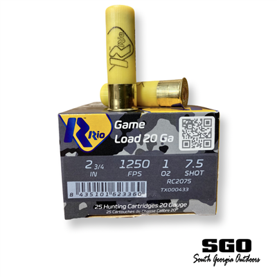 RIO 20 GAUGE GAME LOAD HIGH BRASS 1 OZ. 2 3/4'' 7.5 SHOT 1250 FPS 2 3/4 DRAM 25 ROUND BOX