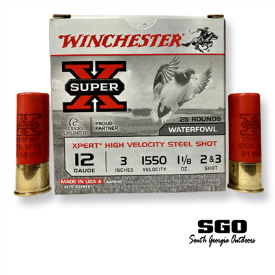 WINCHESTER SUPER-X XPERT HIGH VELOCITY STEEL SHOT WATERFOWL 12 GA. 3'' 1550 FPS 1 1/8 OZ. # 2 & 3 SHOT 25 ROUND BOX