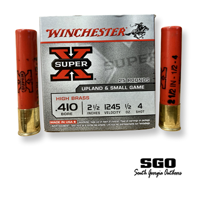 WINCHESTER SUPER-X HIGH BRASS .410 GA. 2 1/2 IN 1245 FPS 1/2 OZ. #4 SHOT 25 ROUND BOX