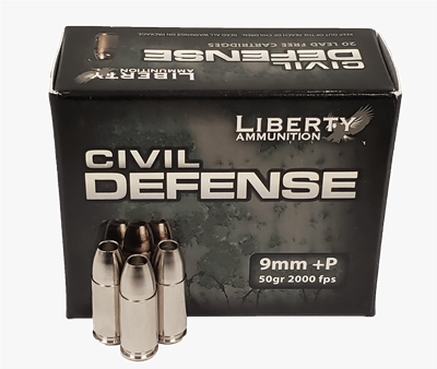 LIBERTY CIVIL DEFENSE 9MM +P 50 GR HOLLOW POINT 20 ROUND BOX