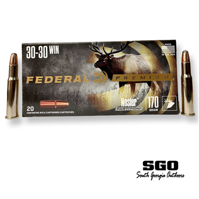 FEDERAL PREMIUM 30-30 WIN 170 GR. NOSLER PARTITION NICKEL PLATED BRASS CASING 20 ROUND BOX