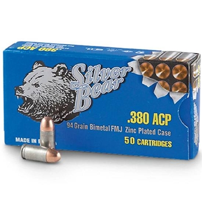 SILVER BEAR 380 ACP 94GR FMJ 50 RND BOX * NO LIMITIS* *FAST SHIPPING*  (SALE)