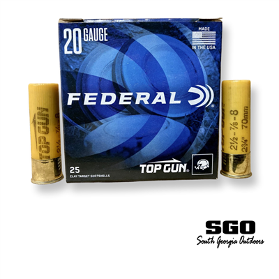 FEDERAL TOP GUN 20 GA. 2 3/4 IN. 1210 FPS 2 1/2 DRAM EQ. 7/8 OZ. #8 SHOT 250 ROUND CASE