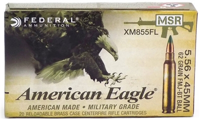FEDERAL AMERICAN EAGLE 5.56X45MM 62GR XM855 BRASS GREEN TIP 500 ROUND CASE
