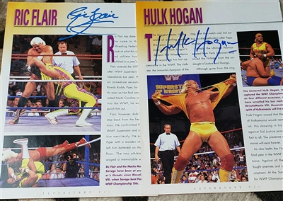 HULK HOGAN & RIC FLAIR  signed vintage wwf magazine pages