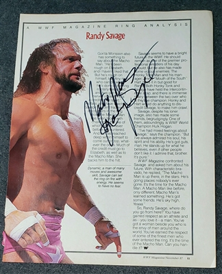 VINTAGE WWF MAGAZINE PAGE signed by RANDY SAVAGE