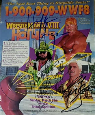 WRESTLEMANIA 8 HOTLINE PINUP AD SIGNED BY MACHO MAN, HULK HOGAN & RIC FLAIR