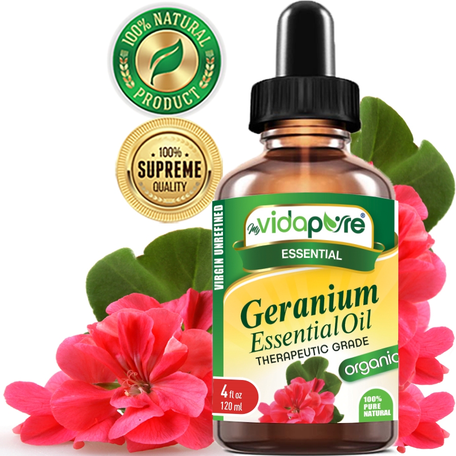 myVidaPure Geranium Essential Oil Organic 4 Fl.oz.- 120 ml.