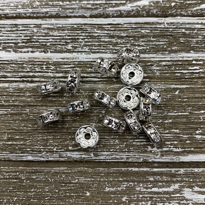 kelliesbeadboutique.com | 8mm Brass Rhinestone Spacers - Clear Silver