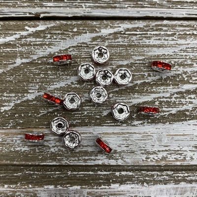 6mm Brass Rhinestone Spacers - Silver Siam Red