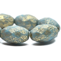 kelliesbeadboutique.com | 12x8mm Faceted Oval Sky Blue Etched with Gold Czech Glass Beads