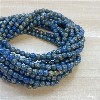 kelliesbeadboutique.com | 4mm Round Blue with Etched and Gold Finish Czech Glass Druk Beads