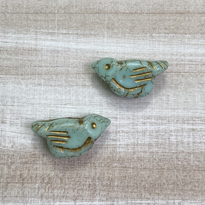 kelliesbeadboutique.com | 11 x 22mm Birds - Tea Green with Gold Wash - 2 beads
