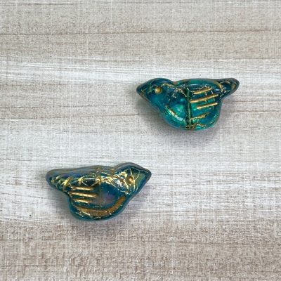 kelliesbeadboutique.com | 11 x 22mm Birds - Turquoise with AB Gold Finish - 2 beads