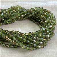 kelliesbeadboutique.com | 4mm Green Olivine with Bronze Firepolish Beads