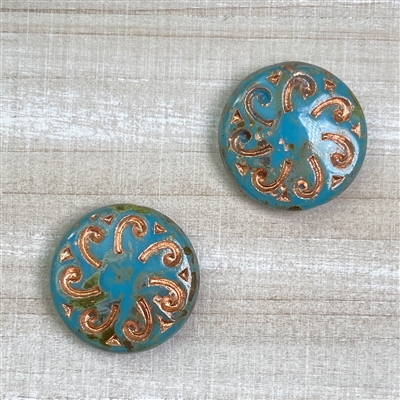 kelliesbeadboutique.com | 23mm Sun Coin - Turquoise Blue Opaque with Picasso and Copper Wash - 1 bead