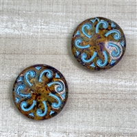 kelliesbeadboutique.com | 23mm Sun Coin - Amber Transparent with Picasso and Aqua Wash - 1 bead