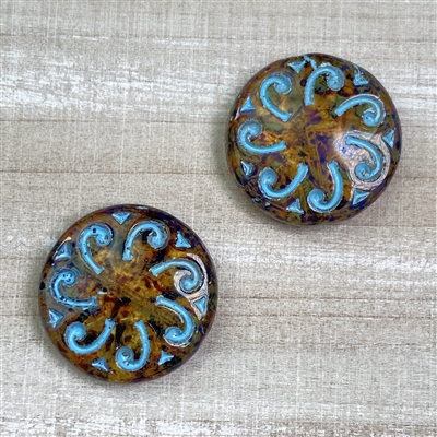 kelliesbeadboutique.com | 23mm Sun Coin - Amber Transparent with Picasso and Aqua Wash - 1 bead