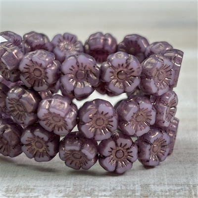 7mm Hibiscus Flower Pink Opaline with Purple Bronze Finish