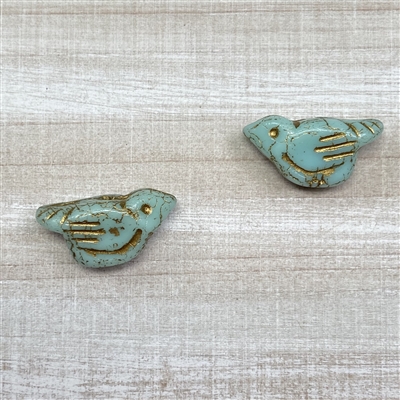 kelliesbeadboutique.com | 11 x 22mm Birds - Tea Green with Gold Wash - 2 beads