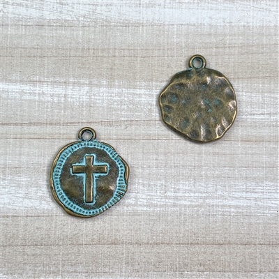 kelliesbeadboutique.com | Coin Cross Charm - Antique Brass with Turquoise Blue Patina
