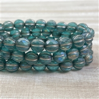 kelliesbeadboutique.com | 8mm Faceted Melon Teal Blue Matte Metallic Beige Wash