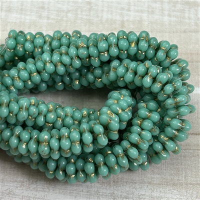 kelliesbeadboutique.com | 5mm Green Turquoise with Gold Wash Daisy Spacer Flower Czech Glass Beads