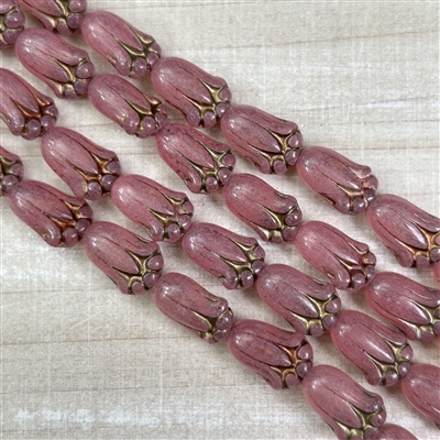 kelliesbeadboutique.com | 12x8mm Trans Pink with Gold Wash Lily Buds Czech Glass Beads