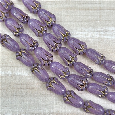 kelliesbeadboutique.com | 12x8mm Trans Lavender with Gold Wash Lily Buds Czech Glass Beads