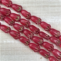 kelliesbeadboutique.com | 12x8mm Trans Fuchsia with Gold Wash Lily Buds Czech Glass Beads