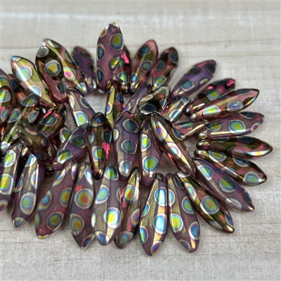 kelliesbeadboutique.com | 5x16mm Daggers Mulberry and Salmon Mix with Peacock Finish