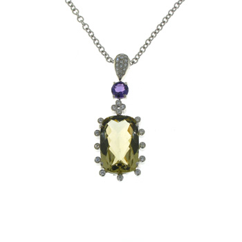 PLD3417 18k White Gold Diamond Amethyst Quartz Pendant